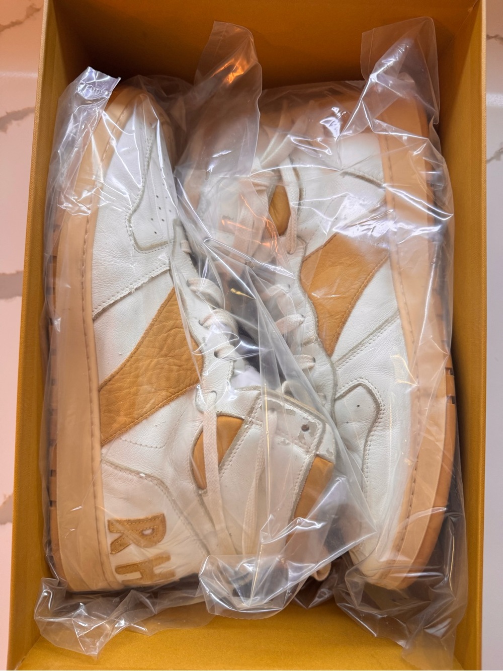 Rhude Rhecess Hi White/Yellow Leather Sneakers - Size 12 - Picture 4 of 16